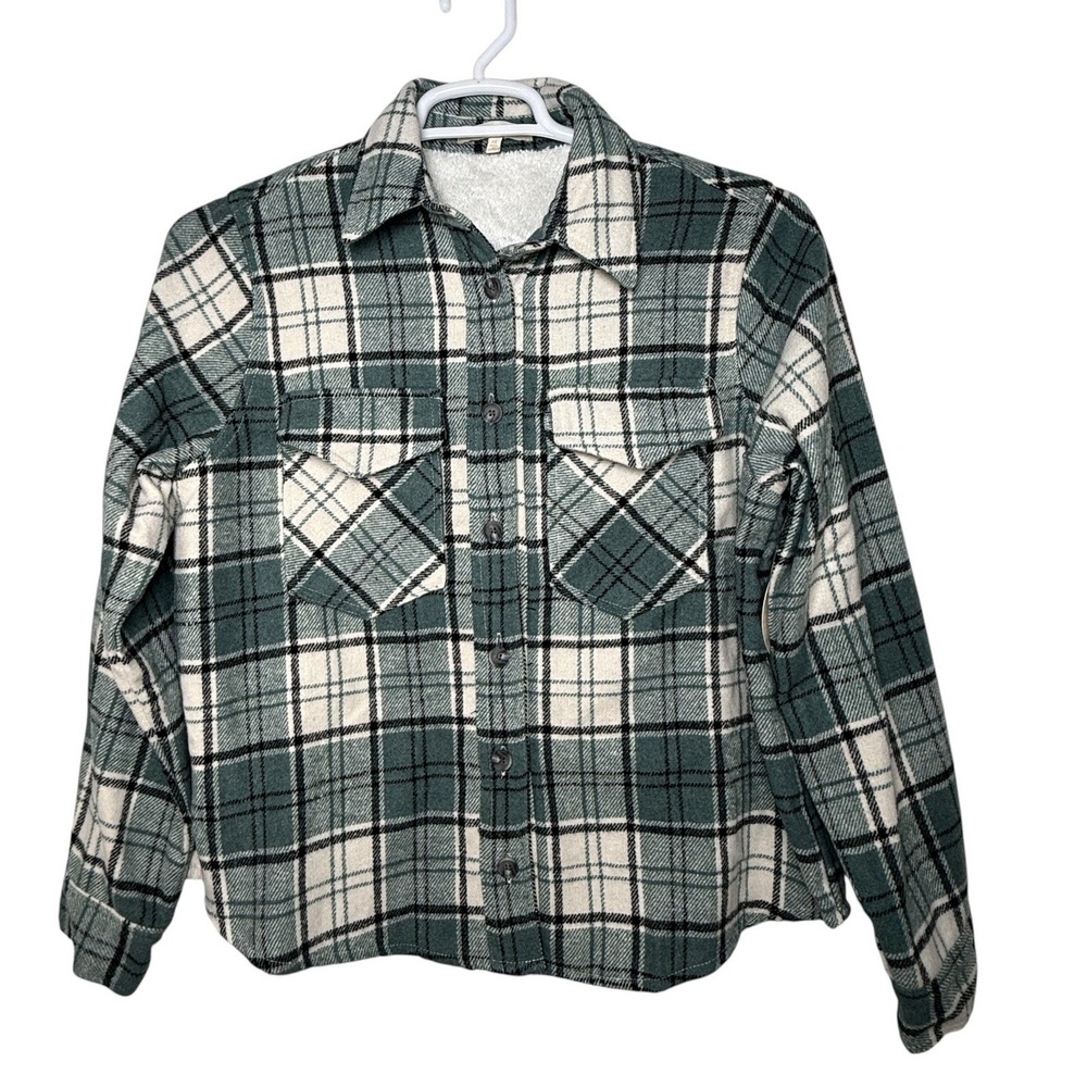 Eden & Olivia Sage Ivory Black Plaid Sherpa Lined Flannel Shacket Petite Lg NWT - Picture 2 of 15